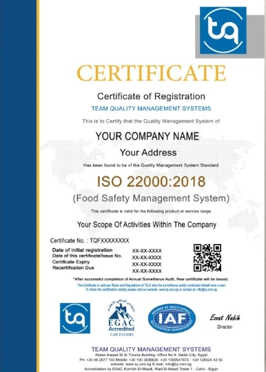 Sample ISO 22000:2018 certificate from Team Quality