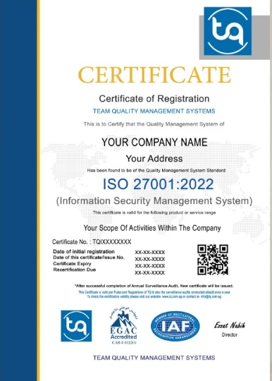 Sample ISO/IEC 27001:2022 certificate from Team Quality