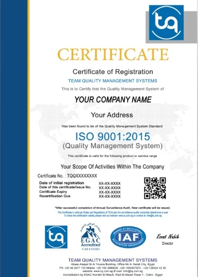Sample Team Quality certificate showing where the certificate number and QR code are