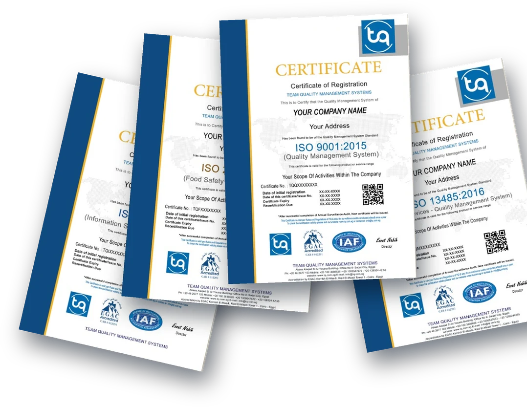 Sample Team Quality certificates: ISO 9001, ISO 22000, ISO 27001 and ISO 13485